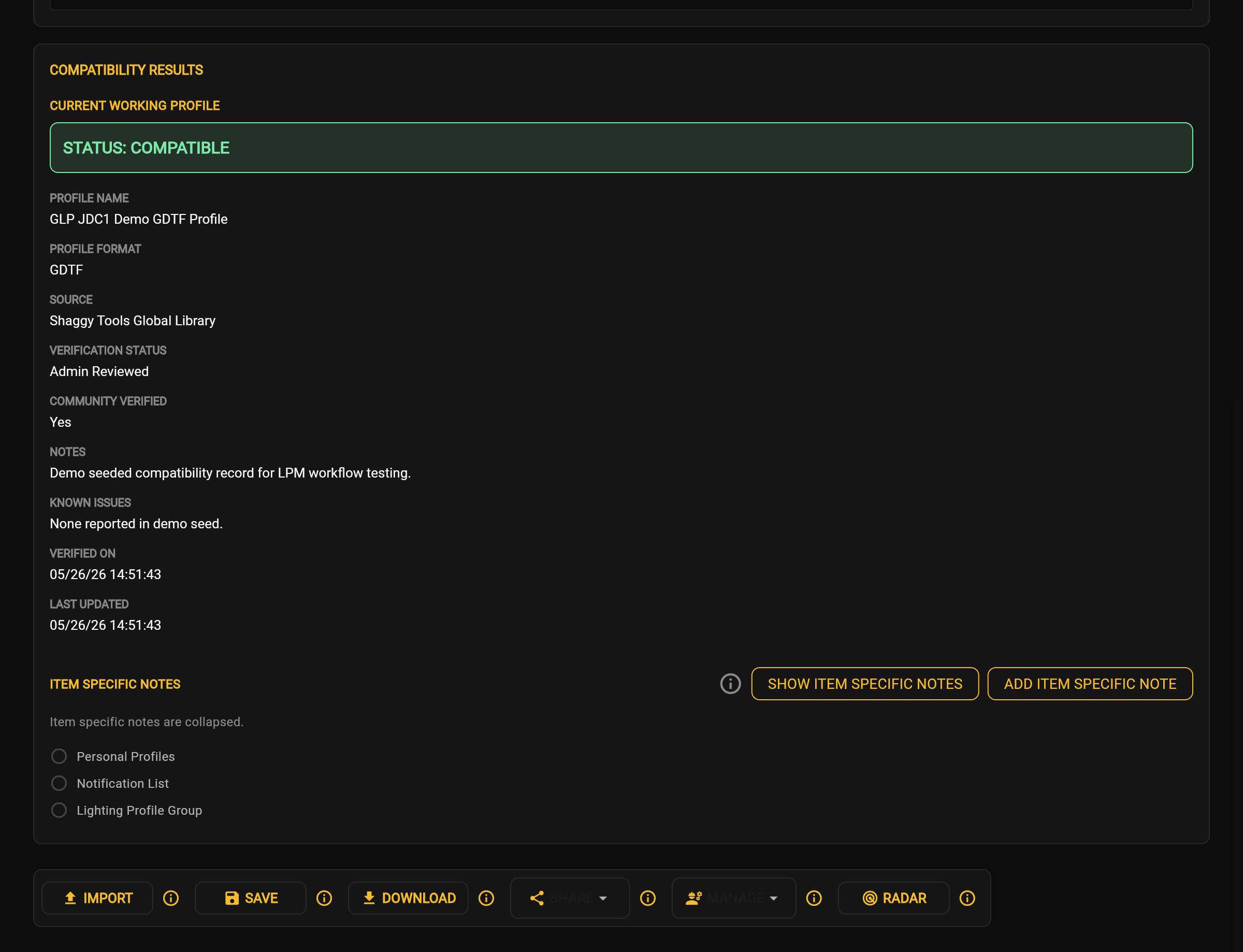 Populated compatibility result
