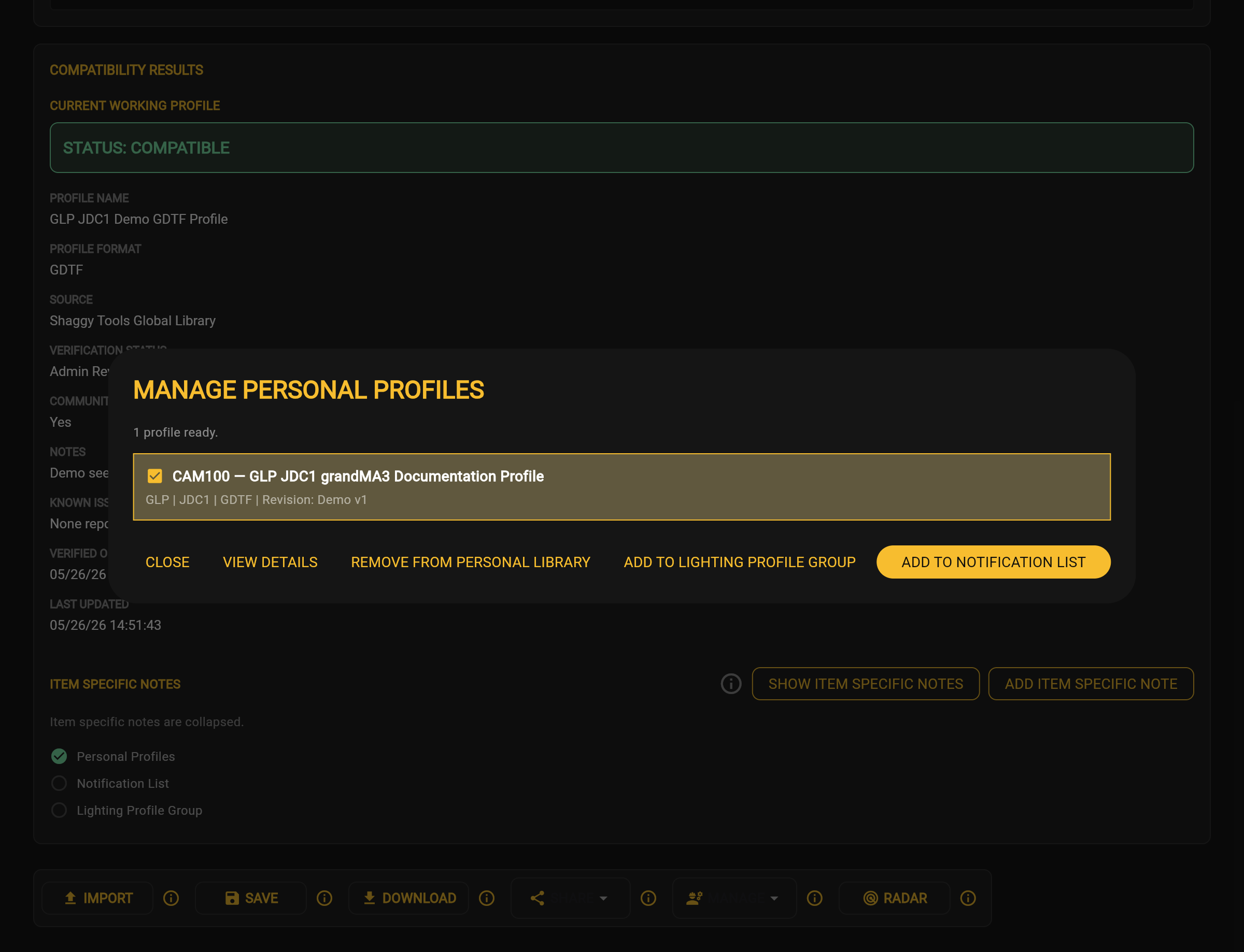 Personal Profile selected