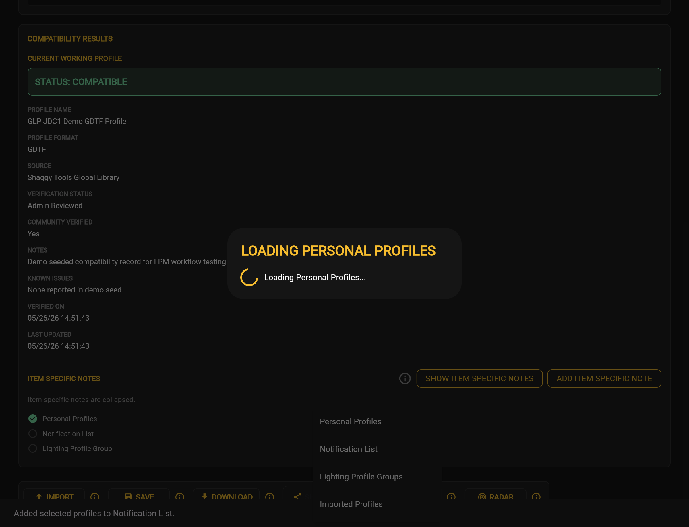Confirmation message displayed while Personal Profiles refreshed
