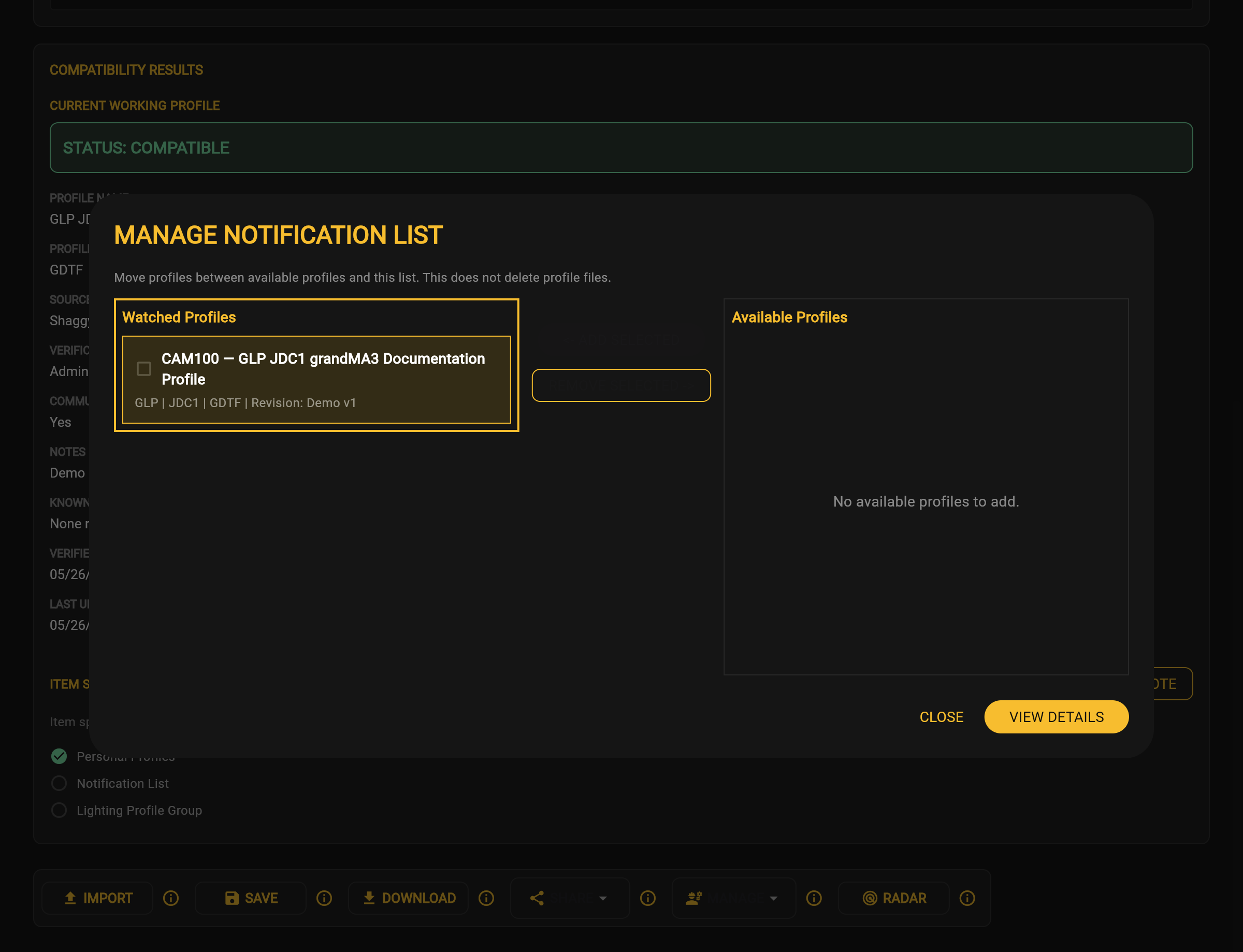 Notification List showing the watched profile